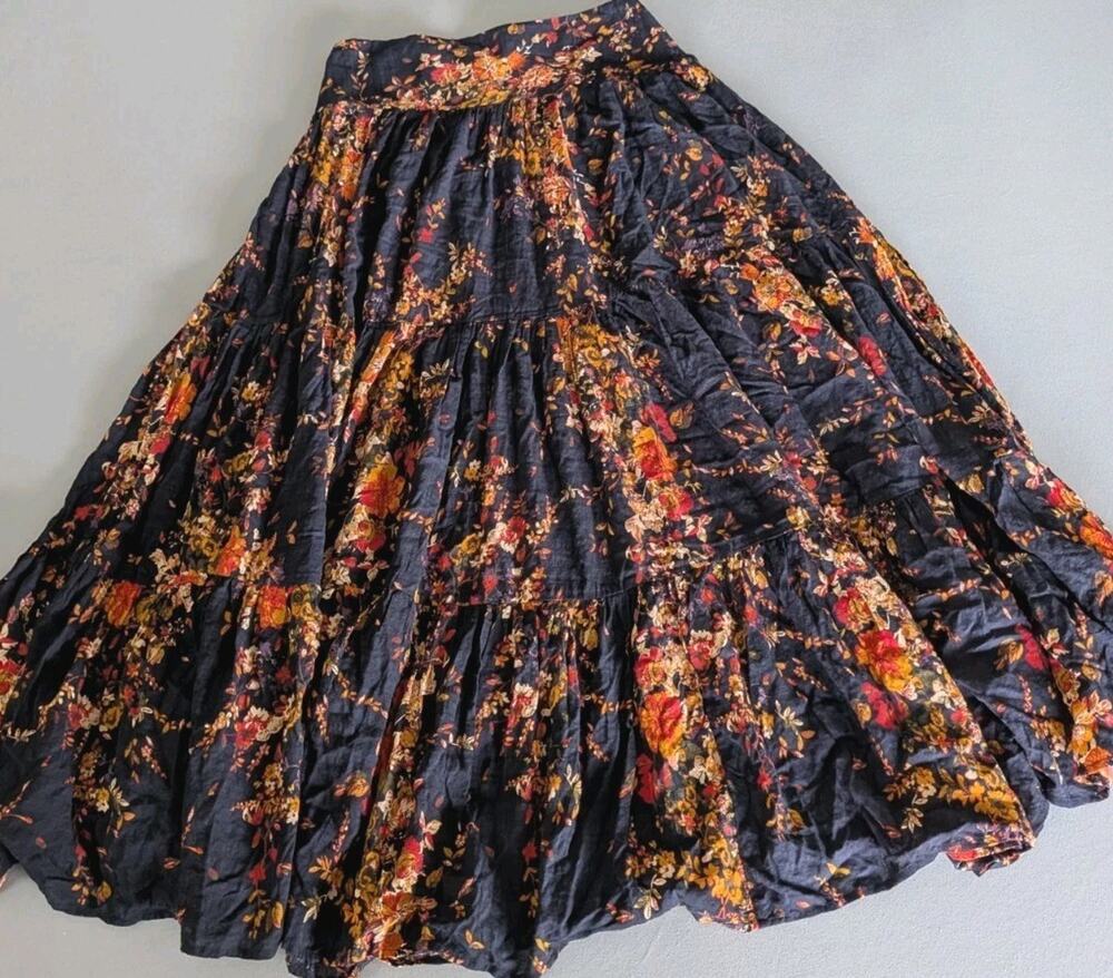 Natural Life Large Navy Blue Orange Floral Tiered Maxi Skirt Boho Fall Autumn